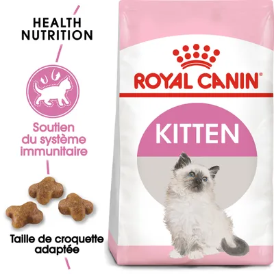 ROYAL CANIN KITTEN, croquettes pour chaton, texte visible : Health Nutrition, Soutien du système immunitaire, Taille de croquette adaptée, image d’un chaton et croquettes visibles.
