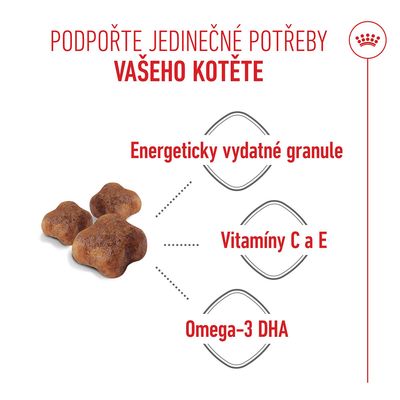 Abbildung granulí s popisky: energeticky bohaté granule, vitaminy C a E, omega-3 DHA. Text v češtině.