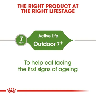 Κείμενο στα αγγλικά: The right product at the right lifestage. 7 Years Active Life Outdoor 7+. To help cat facing the first signs of ageing.