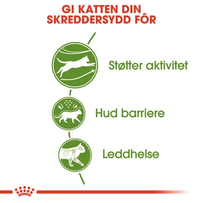 Tekst på norsk: GI KATTEN DIN SKREDDERSYDD FÔR. Støtter aktivitet, Hud barriere, Leddhelse. Tre grønne ikoner med katteillustrationer ved siden af teksten.