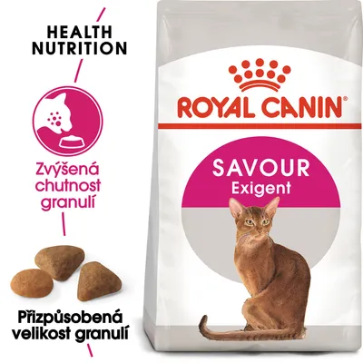 ROYAL CANIN SAVOUR Exigent, obrázek kočky, text: Zvýšená chutnost granulí, Přizpůsobená velikost granulí, HEALTH NUTRITION, zobrazené granule.
