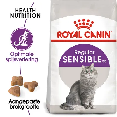 Royal Canin Regular Sensible 33 kattenvoer, afbeelding van grijze kat, tekst: Health Nutrition, Optimale spijsvertering, Aangepaste brokgrootte.