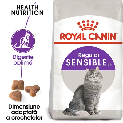 Pachet Royal Canin Regular Sensible 33 pentru pisici, text vizibil: Health Nutrition, Digestie optimă, Dimensiune adaptată a crochetelor, imagine cu crochete și o pisică.