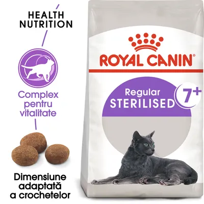 Pachet Royal Canin Regular Sterilised 7+, imagine cu crochete, text: Complex pentru vitalitate, Dimensiune adaptată a crochetelor, Health Nutrition, pisică neagră pe ambalaj. Pachet Royal Canin Regular Sterilised 7+, imagine cu crochete, text: Complex pentru vitalitate, Dimensiune adaptată a crochetelor, Health Nutrition, pisică neagră pe ambalaj.