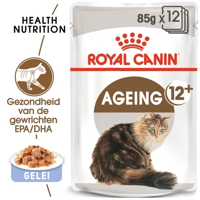 Royal Canin Ageing 12+ kattenvoer in gelei, 85g x 12. Gezondheid van de gewrichten EPA/DHA. HEALTH NUTRITION. Afbeelding van kat en voer in gelei.