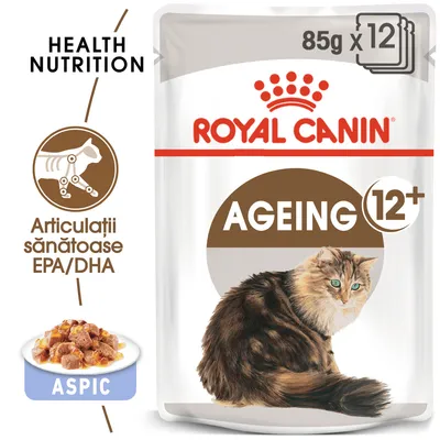 ROYAL CANIN AGEING 12+, 85g x 12. Articulații sănătoase EPA/DHA. HEALTH NUTRITION. ASPIC. Imagine cu o pisică și bucăți de hrană în aspic.