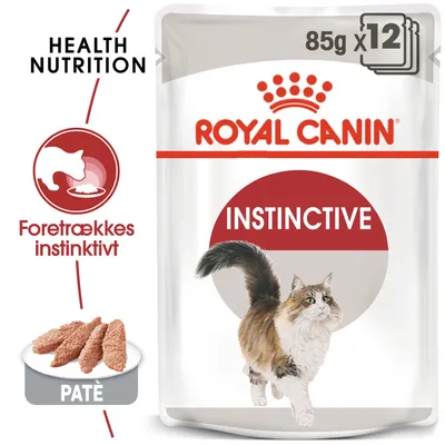 ROYAL CANIN INSTINCTIVE kattemad, 85 g x 12. Foretrækkes instinktivt. PATÉ. HEALTH NUTRITION. Billede af kat og paté-stykker på emballagen.