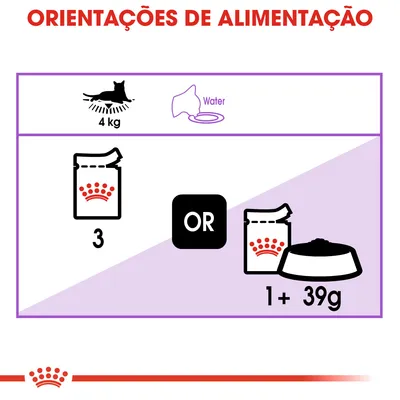 Orientações de alimentação para gato de 4 kg: 3 saquetas ou 1 saqueta mais 39 g de ração seca. Inclui símbolo de água e logótipo Royal Canin visível nas embalagens.