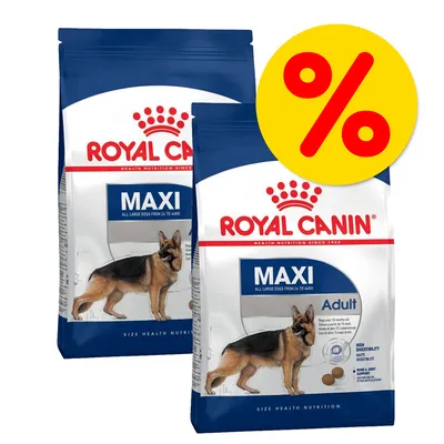 Royal Canin Maxi Adult -koiranruokapakkaus, kaksi pussia. Keltainen prosenttimerkki osoittaa tarjousta. Pakkausteksti: all large dogs from 26 to 44 kg, high digestibility, joint support.