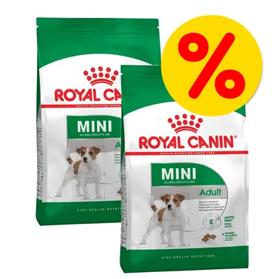 Royal Canin Mini Adult -koiranruokapakkaukset, etualalla keltainen alennusmerkki (%) pakkauksen päällä. Pakkauksessa teksti: MINI ALL SMALL DOGS UP TO 10KG, Adult.