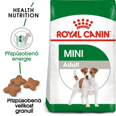 Balení krmiva ROYAL CANIN MINI Adult, text Health Nutrition, Přizpůsobená energie, Přizpůsobená velikost granulí, obrázek malého psa a tvaru granulí.