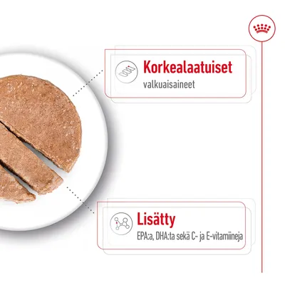 Korkealaatuiset valkuaisaineet. Lisätty EPA:ta, DHA:ta sekä C- ja E-vitamiineja. Kuvassa viipaloitua lemmikkien märkäruokaa lautasella.