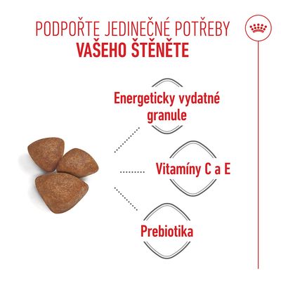Tři hnědé granule, vedle text: Energeticky hodnotné granule, vitaminy C a E, prebiotika.