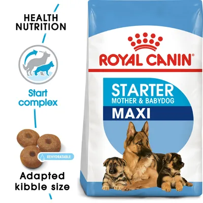 Royal Canin Starter Mother & Babydog Maxi -koiranruokapakkaus, kuvassa aikuinen koira ja kaksi pentua, tekstit: Health Nutrition, Start complex, Adapted kibble size, Rehydratable. Royal Canin Starter Mother & Babydog Maxi -koiranruokapakkaus, kuvassa aikuinen koira ja kaksi pentua, tekstit: Health Nutrition, Start complex, Adapted kibble size, Rehydratable.