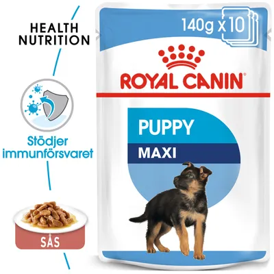 Royal Canin Puppy Maxi 140g x10, sås. Text: Health Nutrition, Stödjer immunförsvaret. Bild på valp och våtfoder i sås.