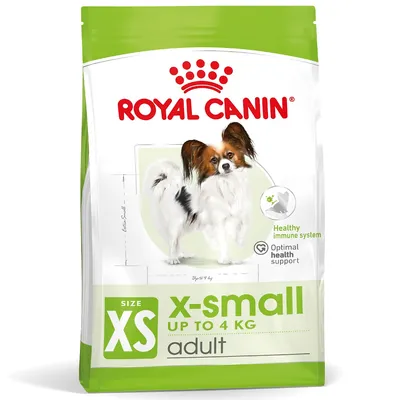 Royal Canin x-small adult, velikost XS, do 4 kg. Healthy immune system, optimal health support. Embalaža suhe hrane za pse z majhnim psom na sprednji strani.