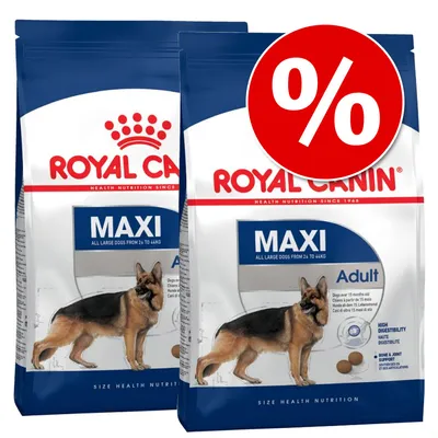 Lot de 2 sacs Royal Canin Maxi Adult, croquettes pour grands chiens de 26 à 44 kg, texte promotionnel avec symbole pourcentage en rouge visible sur l’emballage. Lot de 2 sacs Royal Canin Maxi Adult, croquettes pour grands chiens de 26 à 44 kg, texte promotionnel avec symbole pourcentage en rouge visible sur l’emballage.