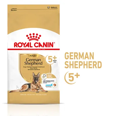 Royal Canin Adult German Shepherd 5+ hondenvoer, afbeelding van Duitse herder, tekst: Healthy Ageing Complex, Joint Function Support, geschikt voor honden ouder dan 5 jaar.