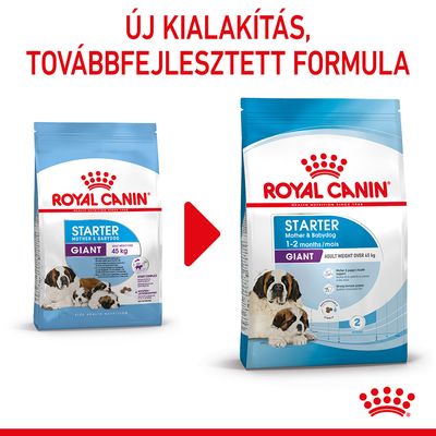 Royal Canin Starter Mother & Babydog Giant kutyatáp régi és új csomagolása, felül: Új kialakítás, továbbfejlesztett formula. Mindkét csomagon óriás fajtájú kutya látható.