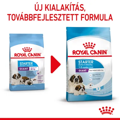 Royal Canin Starter Mother & Babydog Giant kutyatáp régi és új csomagolása, felül: Új kialakítás, továbbfejlesztett formula. Mindkét csomagon óriás fajtájú kutya látható.