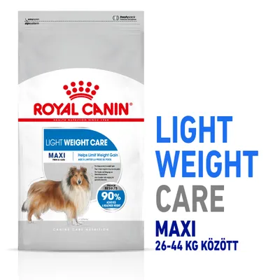 Royal Canin Light Weight Care Maxi kutyatáp csomagolás, 26–44 kg közötti kutyáknak. Felirat: Helps Limit Weight Gain, Proven Results 90% Achieved a Healthier Weight. Royal Canin Light Weight Care Maxi kutyatáp csomagolás, 26–44 kg közötti kutyáknak. Felirat: Helps Limit Weight Gain, Proven Results 90% Achieved a Healthier Weight.