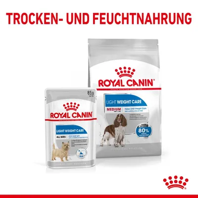 Royal Canin Light Weight Care suha in mokra hrana za pse. Medium, pomaga omejiti pridobivanje teže. Rezultat beljakovin: 80% podpira zdrav razvoj mišic.