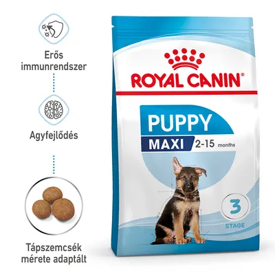 Royal Canin Puppy Maxi 2–15 months kutyatáp csomagolás, erős immunrendszer, agyfejlődés, táp szemcseméret adaptált feliratokkal és kerek tápdarab képe.