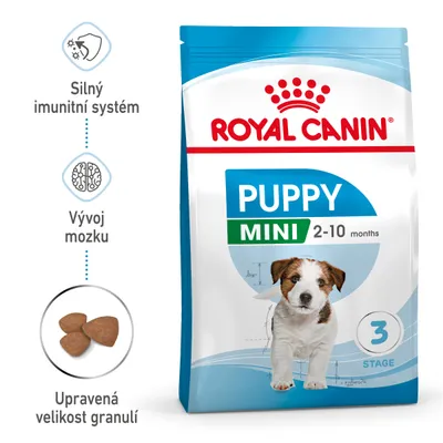 Balení Royal Canin Puppy Mini 2–10 months, obrázek štěněte, text: Silný imunitní systém, Vývoj mozku, Upravená velikost granulí, zobrazené granule a číslo 3 Stage.