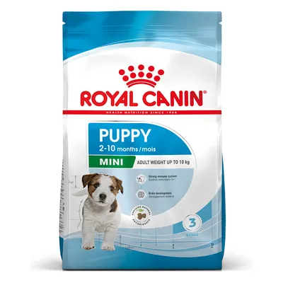 Embalagem de Royal Canin Puppy Mini, indicado para cachorros dos 2 aos 10 meses, peso adulto até 10 kg. Texto visível: Strong immune system, Brain development, Contains natural antioxidants.