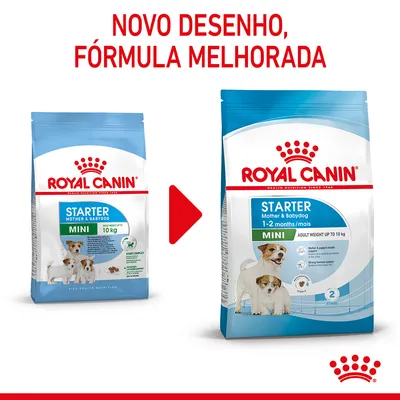 Royal Canin Starter Mother & Babydog Mini 10 kg, imagem mostra embalagem antiga e nova com texto: Novo desenho, fórmula melhorada. Indicação para cães até 10 kg, 1–2 meses.