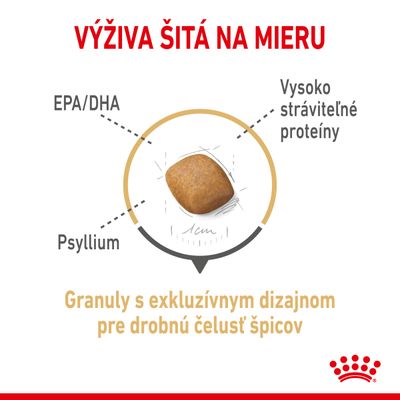 Výživa šitá na mieru. EPA/DHA, psyllium, vysoko stráviteľné proteíny. Granuly s exkluzívnym dizajnom pre drobnú čeľusť špicov. Zobrazená granula s priemerom 1 cm.