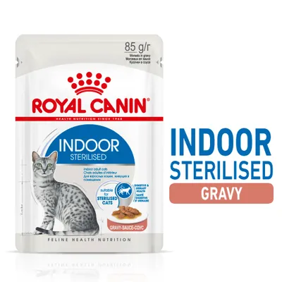 Indoor sterilised gravy, suitable for sterilised cats. Digestive and urinary health. 85g pouch with morsels in gravy. For indoor adult cats. Indoor sterilised gravy, suitable for sterilised cats. Digestive and urinary health. 85g pouch with morsels in gravy. For indoor adult cats.