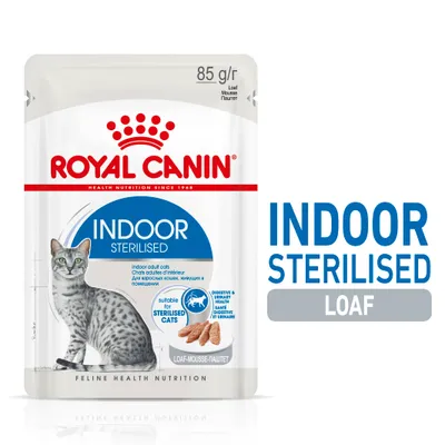 Royal Canin Indoor Sterilised Loaf våtfoder för vuxna steriliserade innekatter, 85 g. Synlig text: suitable for sterilised cats, digestive & urinary health.