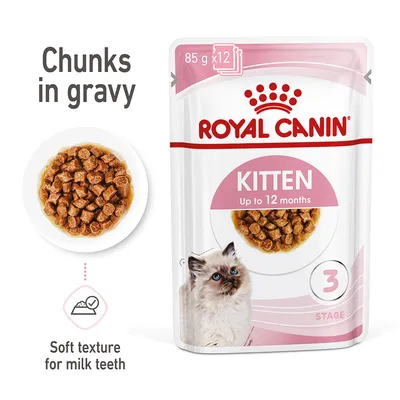 Chunks in gravy, soft texture for milk teeth, 85g x12 pouches, suitable for kittens up to 12 months, stage 3. Chunks in gravy, soft texture for milk teeth, 85g x12 pouches, suitable for kittens up to 12 months, stage 3.