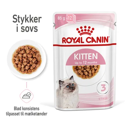 Royal Canin Kitten Up to 12 months, 85 g x12. Stykker i sovs. Blød konsistens tilpasset til mælketænder. Billede af vådfoder og killing på emballagen.