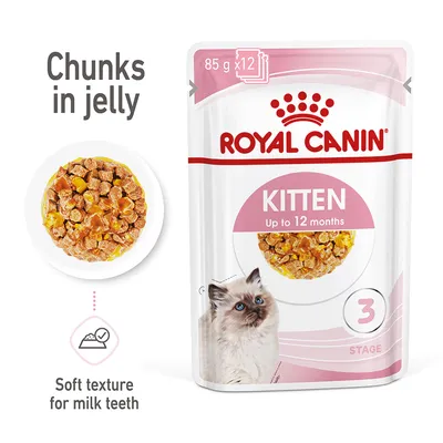 Royal Canin Kitten food, up to 12 months, chunks in jelly, soft texture for milk teeth, 85g x12 pack, stage 3. Royal Canin Kitten food, up to 12 months, chunks in jelly, soft texture for milk teeth, 85g x12 pack, stage 3.