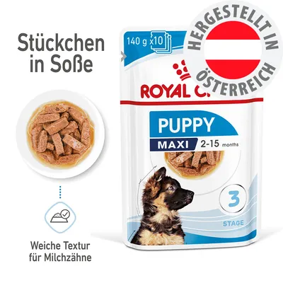 Royal Canin Puppy Maxi 2-15 months, 140g x10, Stückchen in Soße, weiche Textur für Milchzähne, hergestellt in Österreich. Royal Canin Puppy Maxi 2-15 months, 140g x10, Stückchen in Soße, weiche Textur für Milchzähne, hergestellt in Österreich.