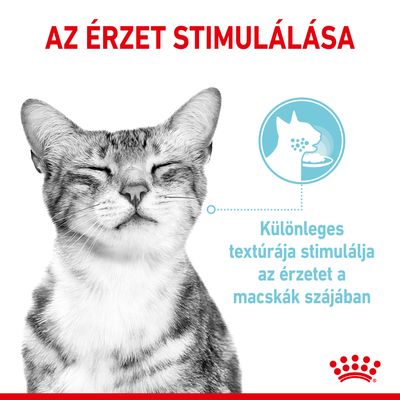 Az érzet stimulálása. Különleges textúrája stimulálja az érzetet a macskák szájában. Royal Canin logó látható.