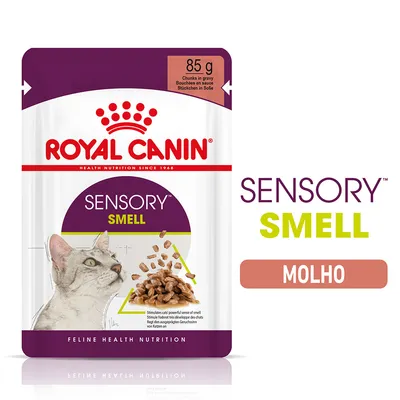 Royal Canin Sensory Smell, 85 g, molho. Embalagem com imagem de um gato e pedaços de comida. Texto visível: SENSORY SMELL MOLHO.