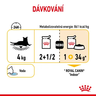 Dávkování pro kočku 4 kg: 2 a půl kapsičky nebo 1 kapsička plus 34 g granulí Royal Canin Indoor, metabolizovatelná energie 861 kcal/kg, voda.