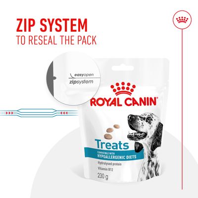Image showing zip system feature for resealing the pack, with text highlighting easy open zipsystem and compatibility with hypoallergenic diets, hydrolysed protein, vitamin B12, 230g.