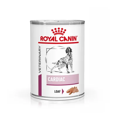 Blik Royal Canin Veterinary Cardiac Loaf hondenvoer, afbeelding van hond, tekst: CARDIAC, LOAF. Witte achtergrond met paarse en rode accenten.