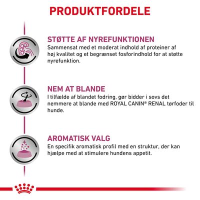 PRODUKTFORDELE: STØTTE AF NYREFUNKTIONEN, NEM AT BLANDE, AROMATISK VALG. Beskrivelser om proteinindhold, blanding med ROYAL CANIN RENAL tørfoder og aromatisk profil til hunde.