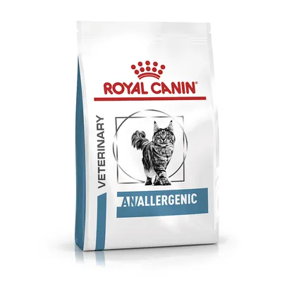 Opakowanie karmy Royal Canin Veterinary Anallergenic z wizerunkiem kota, widoczne napisy: VETERINARY, ANALLERGENIC.