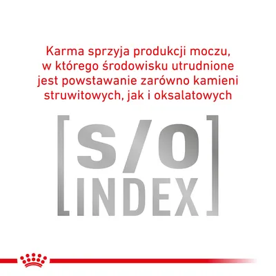 Karma sprzyja produkcji moczu, w którego środowisku utrudnione jest powstawanie zarówno kamieni struwitowych, jak i oksalatowych. s/o INDEX