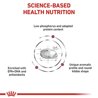 Science-Based Health Nutrition. Low phosphorus and adapted protein content. Enriched with EPA+DHA and antioxidants. Unique aromatic profile and round kibble shape.