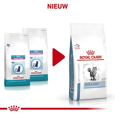 Verpakkingswijziging: Royal Canin Skin Young Male en Skin Young Female kattenvoer wordt Royal Canin Veterinary Skin & Coat. Tekst 'NIEUW' bovenaan zichtbaar.