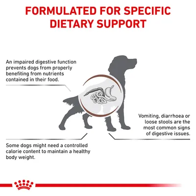 Formulated for specific dietary support. Impaired digestive function affects nutrient absorption. Vomiting, diarrhoea or loose stools are common signs. Controlled calories may help maintain weight.