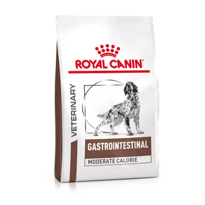 Упаковка корма для собак Royal Canin Veterinary Gastrointestinal Moderate Calorie с изображением собаки и надписями на английском языке.