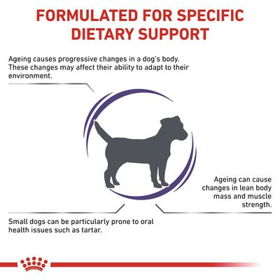 Formulated for specific dietary support. Ageing affects a dog's ability to adapt, can cause changes in lean body mass and muscle strength, and small dogs may be prone to oral health issues.